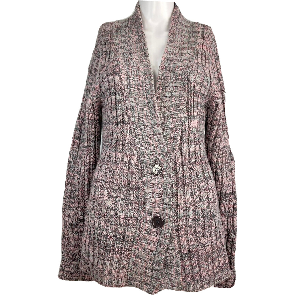 Love Lola Cardigan Womens‎ Junior L Gray Pink Wool Chunky Knit Button Sweater